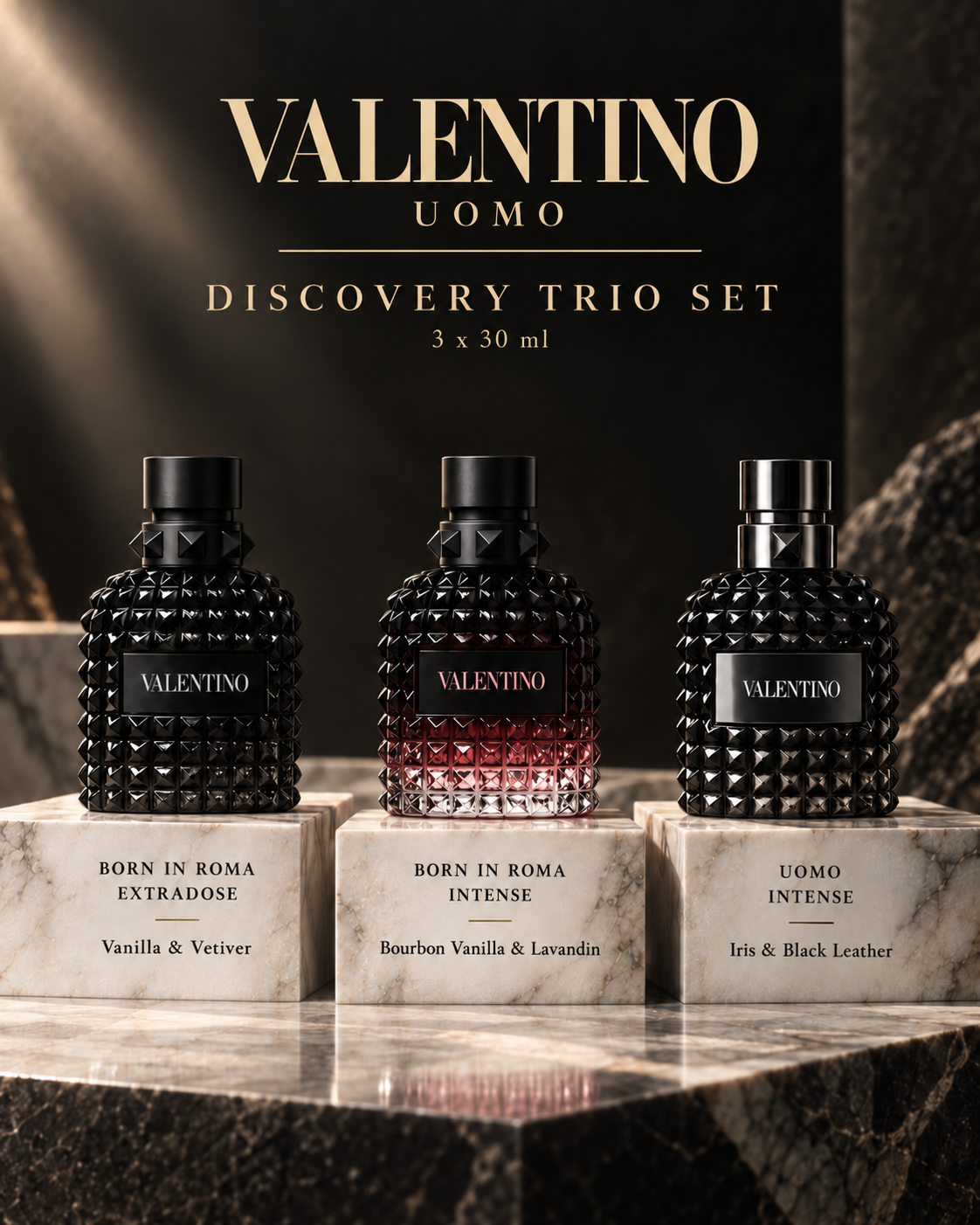 Valentino Uomo Discovery Trio Set (Born in Roma Extradose, Born in Roma Intense, Valentino Uomo Intense) 3 x 30 ml
